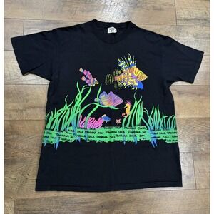 Vintage 80s 90s Panama Jack AOP Neon Fish Tee Made In USA Black XL Single Stitch